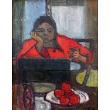 20th century school, a lady reading a book on a stand, oil on board, indistinctly signed lower