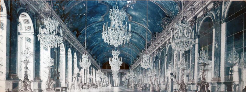 A large interior scene print of the Hall of Mirrors at the Palace of Versailles on perspex, H.60cm