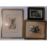 Three prints in gilt frames after Goya's etchings: Los Caprichos and Disasters of war