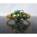 An antique 18ct yellow gold, turquoise, pearl and diamond flower-head ring with carved gold