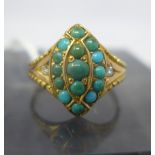 A Victorian 15ct yellow gold, turquoise and diamond ring, centrally studded with fifteen turquoise