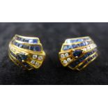 A pair of Art Deco yellow gold style earrings set with calibre-cut sapphires and diamonds with a