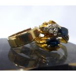 Two antique 9ct yellow gold rings, to include a double sapphire and diamond example and a solid gold