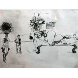 An etching of a Ralph Steadman drawing with original signed drawing of a figure on wrote paper