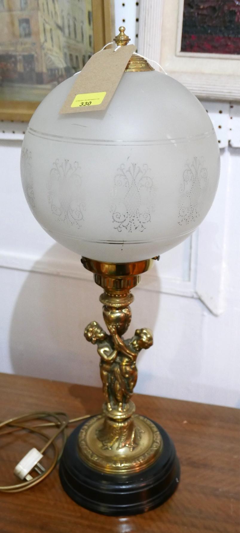 A 20th Century table lamp with etched glass globe shade on an ormolu stem with cherubs, H.70cm