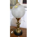 A 20th Century table lamp with etched glass globe shade on an ormolu stem with cherubs, H.70cm