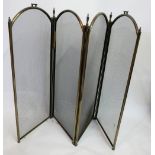 An arched metal four-fold fire screen with finial tops, 80 x 120cm, a brown leather suitcase 9 x