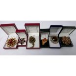 A collection of six boxed vintage costume jewellery brooches in set with crystals in shades of