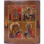 A Russian icon in four registers depicting the Mother of God of Kazan, the Dormition of the Mother