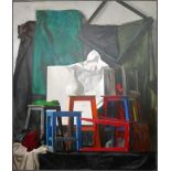 Sokolov It (St Petersberg school), Still life of stools, frames, a vase and fabric, oil on canvas,