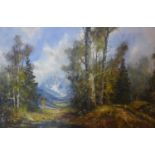 A 20th century oil on canvas, mountain scene, indistinctly signed, 59 x 89cm