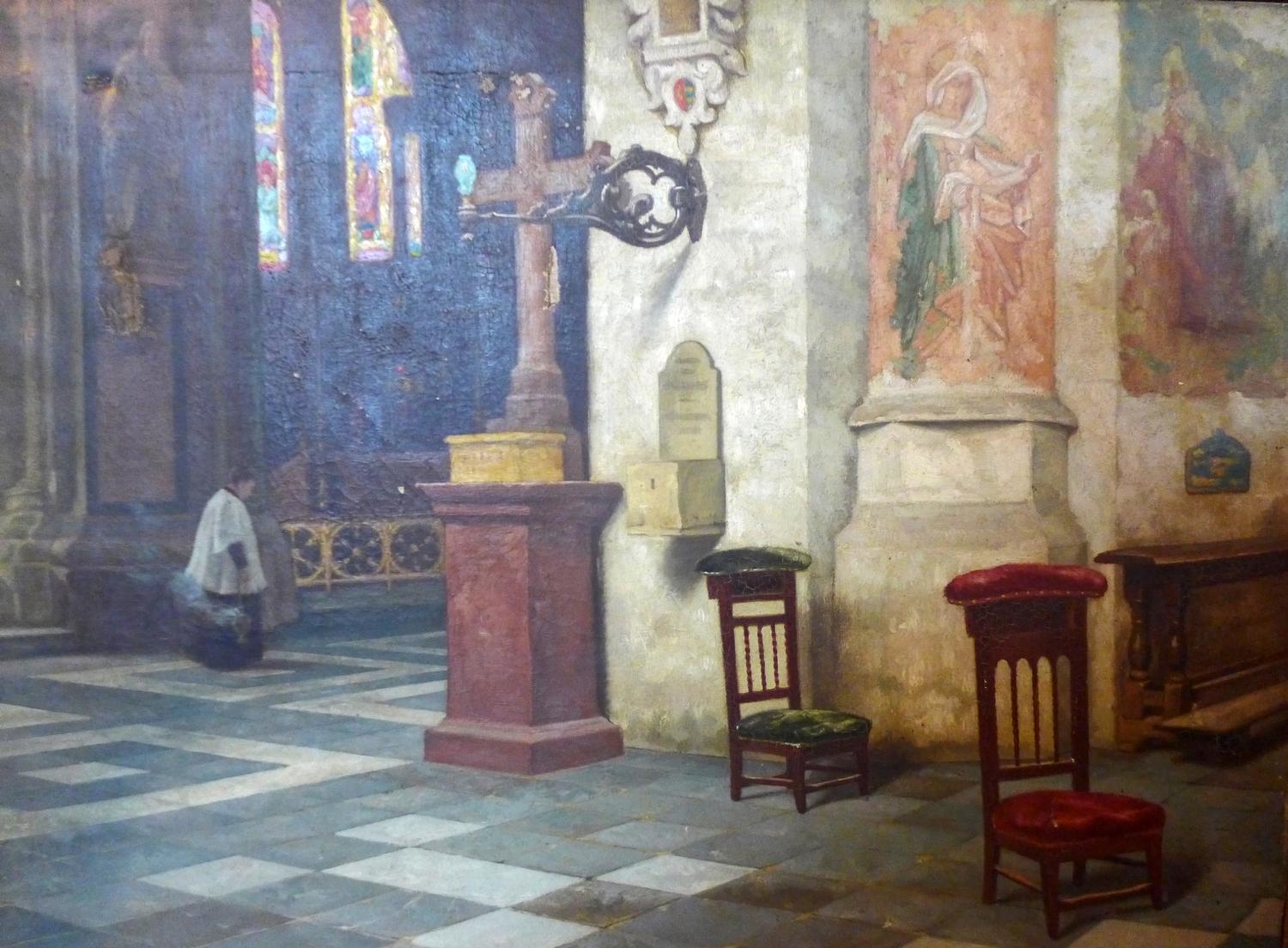 R. Van Der Brugge (19th century Flemish school), interior church scene, oil on canvas, damage to