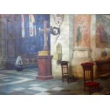 R. Van Der Brugge (19th century Flemish school), interior church scene, oil on canvas, damage to