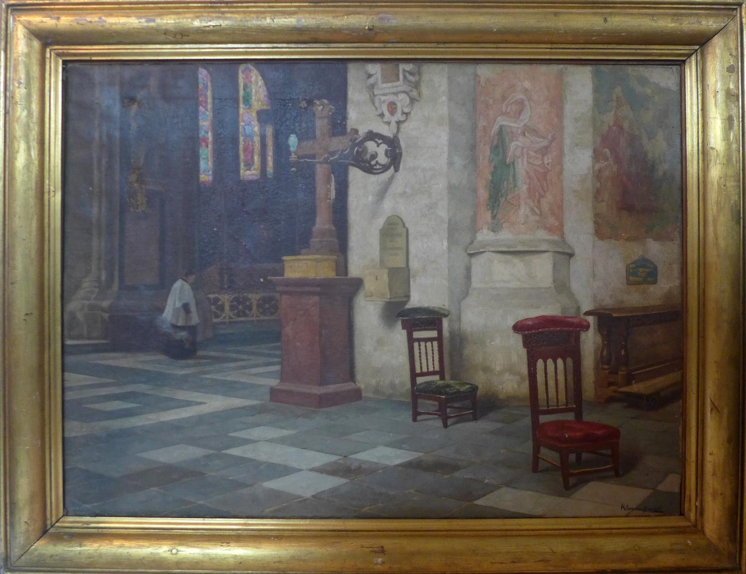 R. Van Der Brugge (19th century Flemish school), interior church scene, oil on canvas, damage to - Bild 2 aus 2