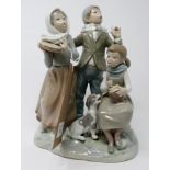 A large Lladro figural group of carol singers with small dog on textured base, blue Lladro mark to