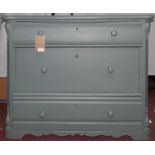A 19th century continental grey painted chest of three drawers, raised on bracket feet, H.81 W.91