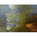 A 20th century oil on canvas depicting a woodland scene, signed, 66 x 96cm