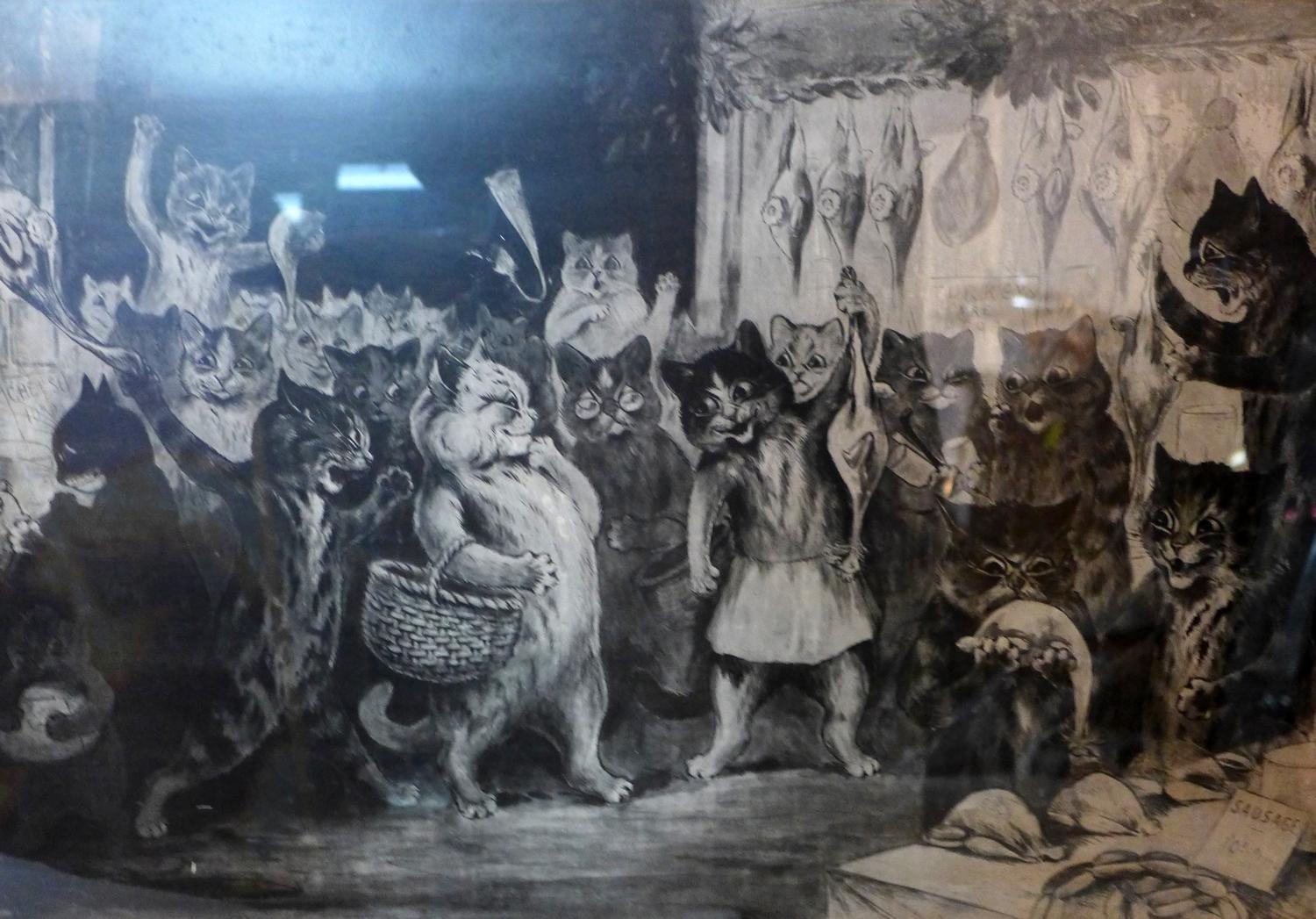 A Louis Wain print titled 'No 50 Catland Christmas Market, Oh My What a Crowd', with Michael