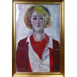 Mid to late 20th century school, portrait of a lady in a red jacket and cravat, oil on board, framed