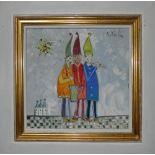 Andrzej Kuhn (1929–2014), Three Jesters, oil on board, signed to top right, 28 x 28cm