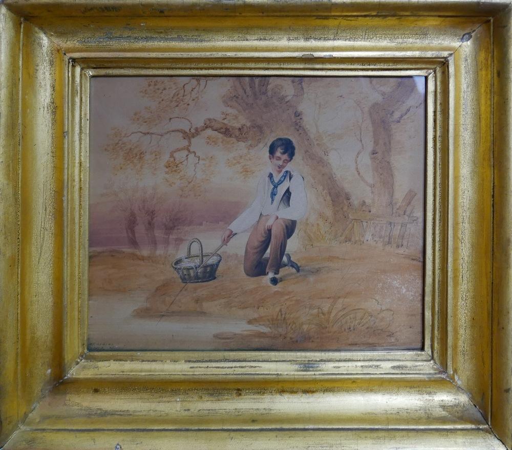 H. Harding (Early 19th century British school), A Young Boy Fishing, watercolour, signed and dated