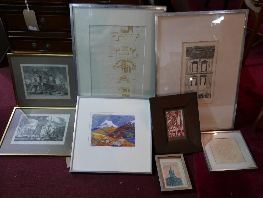 A collection of prints and pictures, to include architectural studies, two Italian engravings,