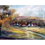 Kesokowski, a village in a rural landscape, oil on canvas laid down, signed lower right, framed
