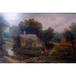 Edward Priestley, a 20th century oil on canvas, cottage by river scene, 39 x 59cm