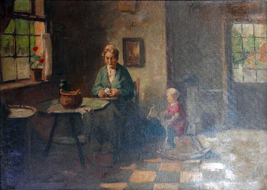 A. Van Brederoder (Early 20th century Dutch school), Old Dutch Interior Scene with Mother and her