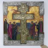 A Russian icon with inset brass crucifix, egg tempera on wood panel with gilded background, with