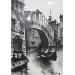 A monochromatic picture of a Venetian canal scene, indistinctly signed and dated '76 to lower right,