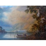 A 19th century watercolour depicting figures by a river scene, 35 x 49cm