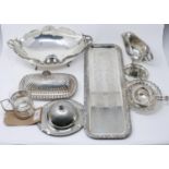 A collection of silver plated items, to include a dish with scalloped edge and twin scroll handles