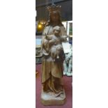 A cast iron statue of Mary holding Jesus, marked to base, H.93cm