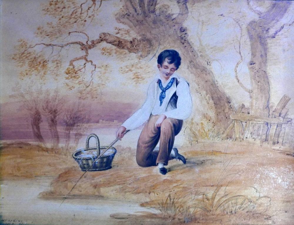 H. Harding (Early 19th century British school), A Young Boy Fishing, watercolour, signed and dated - Bild 2 aus 3