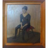 A 20th century oil on board of a ballet dancer seated on a stool, 60 x 49cm