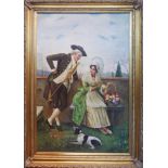 20th century school, An 19th century style couple with a dog in a garden setting, oil on canvas,