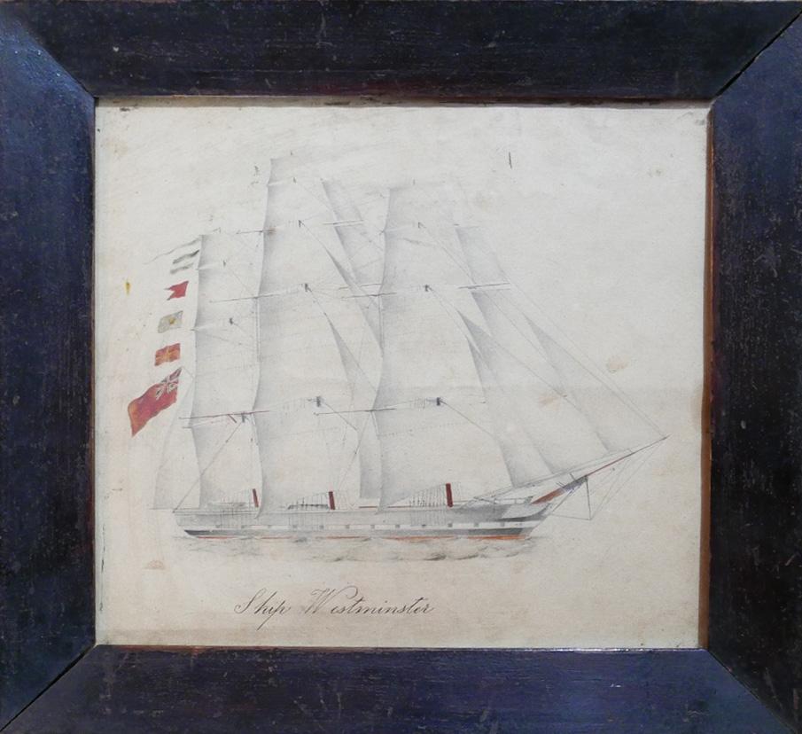 An early 19th century pencil & watercolour sketch titled 'Ship Westminster', 23 x 25cm