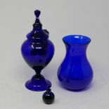 A Hadeland blue glass pot and cover signed and dated 1959, together with a blue glass vase and a