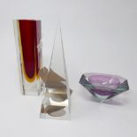 A glass pyramid, signed, with small chip to tip, H.22cm, together with a Murano style dish, with