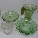 A pair of Art Deco glass bowls together with a green glass vase and a glass ice bucket