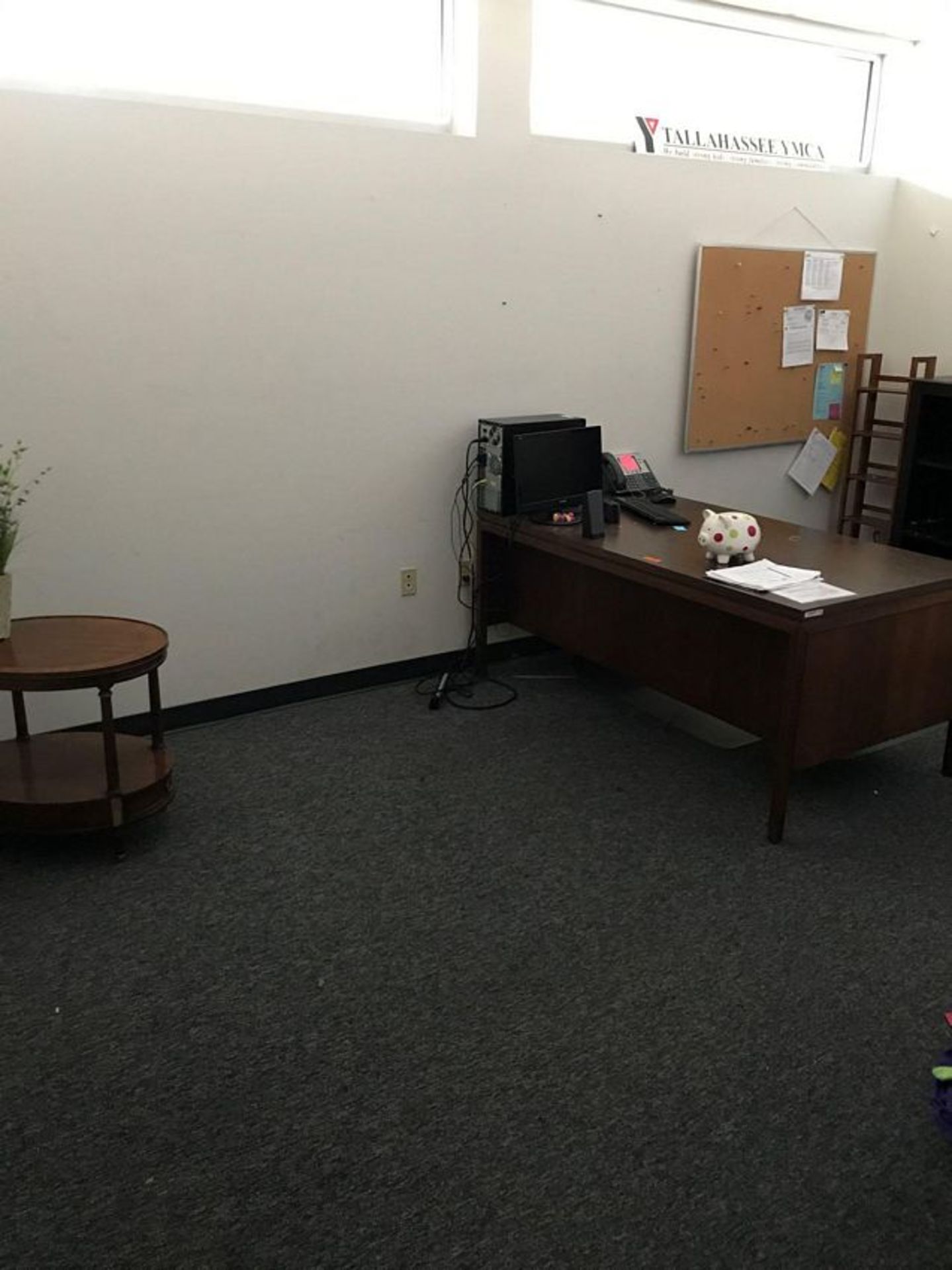 OFFICE TO INCLUDE WOOD DESK, (2) WOOD SHELVING UNITS, WOOD SIDE TABLE, CISCO PHONE AND LAMP