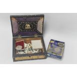 A PORCUPINE QUILL BOX A/F TO INCLUDE COSTUME JEWELLERY, POCKET WATCH, ETC TOGETHER WITH A SMALL