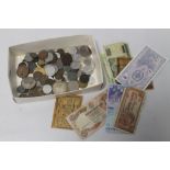 A BOX OF ASSORTED COINS AND BANK NOTES