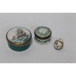 THREE ENAMEL HALCYON DAYS BOXES, to include one depicting a sailing ship, etc