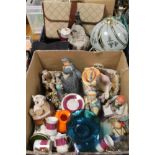 TWO TRAYS OF ASSORTED CHINA AND CERAMICS TO INCLUDE CAPODIMONTE, GLASS LAMP, GLASS VASE, BINOCULARS,