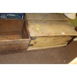 A PINE TRUNK A/F TOGETHER WITH VINTAGE WOODEN CRATE