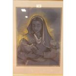 A FRAMED AND GLAZED PASTEL PAINTING OF MARY AND BABY JESUS, SIGNED E. P.