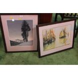 TWO FRAMED AND GLAZED PICTURES ONE DEPICTING A MOUNTAINOUS SCENE THE OTHER BEING A PRINT ON SILK