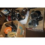 A LARGE QUANTITY OF HOUSEHOLDS ITEMS TO INCLUDE SALTER SCALES, SAUCEPANS, ETC